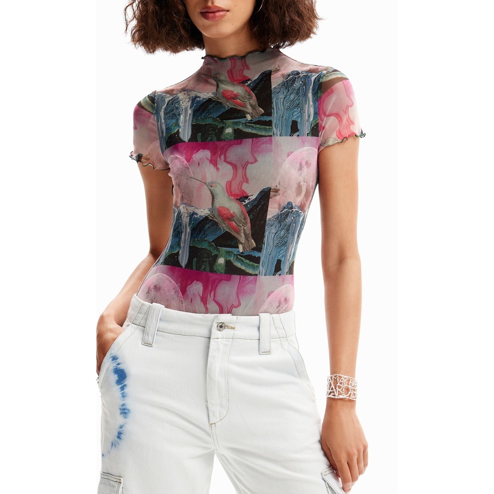 Desigual Off Shoulder Bodysuit Womens S Multicolor Graphic Mesh Y2K Festival